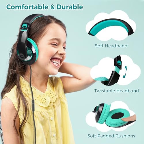 Rockpapa Kids Over-Ear Headphones – Lightweight Wired Audio Gear for School, Travel, and Home – Stylish White and Blue Design for Boys and Girls – Immersive Sound Quality with Adjustable Comfort and Durable Build for Young Audiophiles
