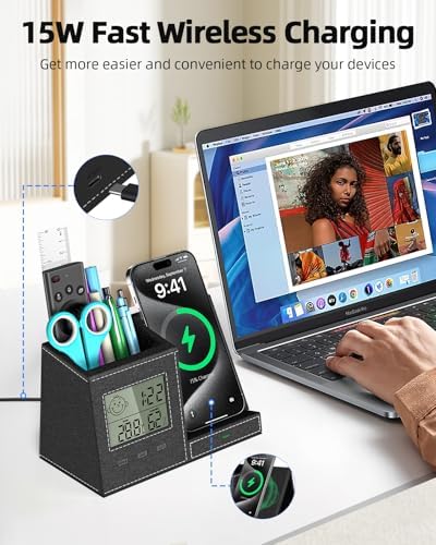 Multi-Functional Desk Organizer with Wireless Charging, Digital Thermometer & Humidity Monitor – Stylish Brown Pen Holder for Home Office Efficiency and Clutter-Free Workspace