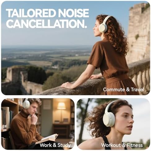 Suno Fi Hybrid Active Noise Cancelling Over-Ear Headphones – Wireless Hi-Res Audio with Exceptional Deep Bass, 40-Hour Playtime, and Foldable Travel Design for Comfort and Connectivity – Chic White Finish Perfect for Modern Sound Enthusiasts