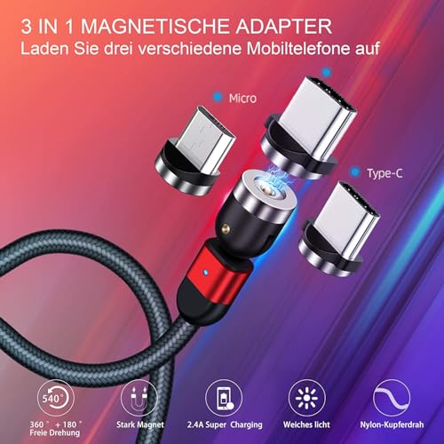 Versatile Magnetic Charging Cable Set – 4-Pack (3/6/6/10 ft) | 3-in-1 USB Type C & Micro USB Charger with 360° & 180° Rotating Connectors | Durable Nylon-Braided Design with LED Charging Indicator | Fast & Efficient Power Solution for All Devices