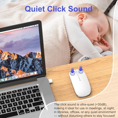 Sleek Silver Bluetooth Wireless Mouse for Mac Book Air & Pro – Ergonomic, Rechargeable, and Silent Tri-Mode Connectivity (2.4 G USB-C/USB-A, Bluetooth 5.2/3.0) for Ultimate Productivity on the Go