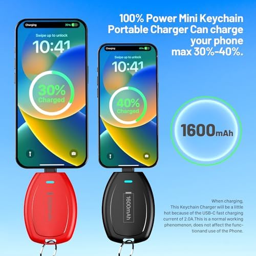 Compact Keychain Power Bank Duo: 1600 m Ah Emergency Charger for i Phone 8, 11, 12, 14 & Air Pods – Ultra-Portable Mini External Battery Pack in Stylish Blue & Pink – Fast Charging & Enhanced Compatibility for On-the-Go Power Solutions