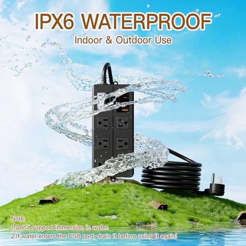 VNJ Outdoor Power Strip: 8 AC Outlets & 4 Fast USB Ports, IPX6 Waterproof Surge Protector with Safety Lock for Secure Connections, ETL-Certified 15 FT Extension Cord – Ideal for Home, Garden, and Commercial Applications