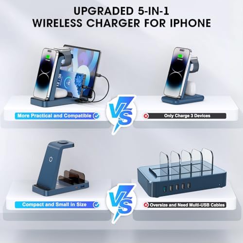 Revolutionize Your Charging Routine with the 5-in-1 Wireless Charging Station for i Phone – Fast, Efficient Dock for i Phone 16, 15, 14, 13, 12 Pro Max, Apple Watch, and Air Pods – Enhanced Compatibility, Intelligent Power Delivery, and Sleek Design for Clutter-Free Convenience