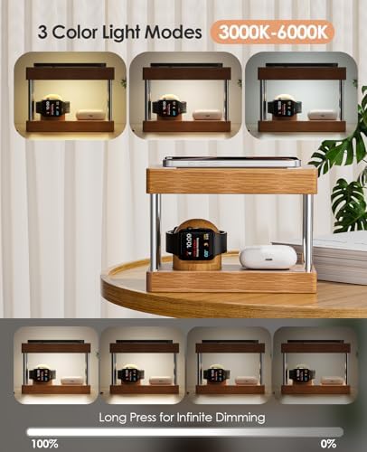 Eco-Friendly Bamboo Wireless Charging Station with Alarm Clock – Multi-Device Bedside Charger for i Phone, Air Pods & i Watch – Fast Charging & Adjustable Night Light – Perfect Gift for Him or Her