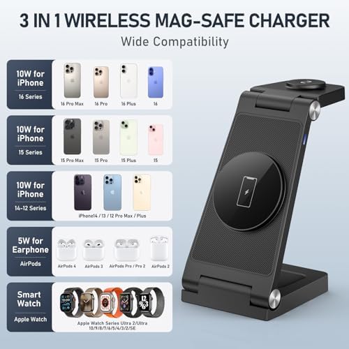 Innovative 3-in-1 Magnetic Wireless Charging Station – Premium Foldable Dock for i Phone 16/15/14/13/12, Apple Watch Ultra/Series 9-2, and Air Pods – Ultimate Travel-Friendly Power Hub with Superior Rapid Charging for Tech Savvy Professionals and On-the-Go Users