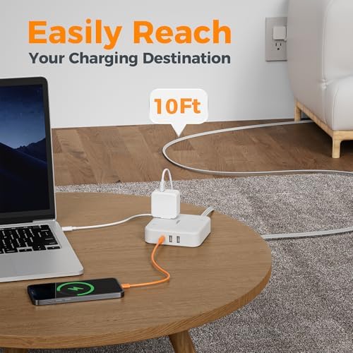 TESSAN 5 FT Flat Extension Cord Surge Protector – 4 Outlet Power Strip with 3 USB C Ports (1 USB C) for Fast Charging, 900 Joules Electronics Protection, Space-Saving Design for Home, Office, and Dorm Use, Enhanced Compatibility and Efficiency