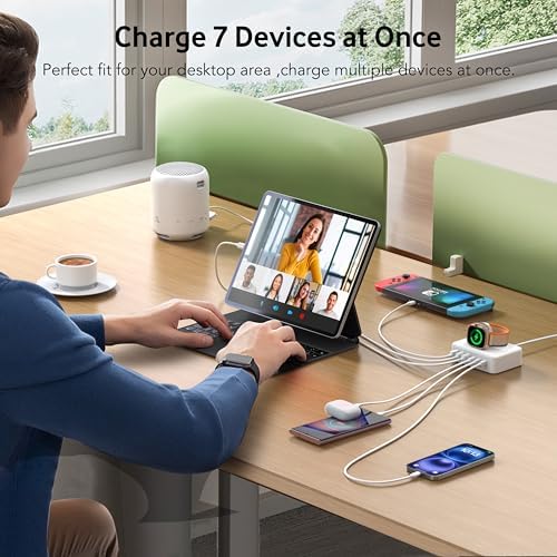 Ultimate 125 W USB-C Multi-Device Charging Station: 6-Port Fast Charger with Ga N Technology for i Phone, i Pad, Apple Watch, Galaxy S23 & More – Compact Power Hub for Home & Office Efficiency