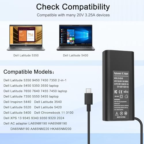 High-Performance 65 W USB-C Charger for Dell Latitude, XPS, Inspiron, and Chromebook – Fast Charging AC Adapter with Universal Compatibility – Optimized for Enhanced Efficiency and Robust Design – Supports Multiple Output Options for Diverse Devices – Ideal for Models 5450, 7350, 9450, 7650, 7640 – Upgrade Your Charging Game with Rapid Power Delivery – Input: AC 100-240 V, Output: 20 V/3.25 A, 15 V/3 A, 12 V/3 A, 9 V/3 A, 5 V/3 A – Durable and Reliable Construction for Long-Term Use – Perfect Accessory for Home, Office, and On-the-Go Professionals – Stay Powered and Productive with This Essential USB-C Charger – Maximize Device Performance with Top-Notch Charging Solutions for Laptops, Tablets, and Smartphones