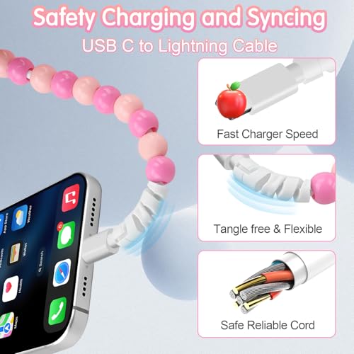 Coolden 66 W Fast Charging Cable for i Phone & i Pad – 2 M Stylish Pink USB-C to Lightning Beaded Charger – Durable, Efficient, and Compatible with i Phone 14/13/12/11 Pro Max, XR, XS, i Pad Pro/Air/Mini – Perfect for Everyday Use and Travel