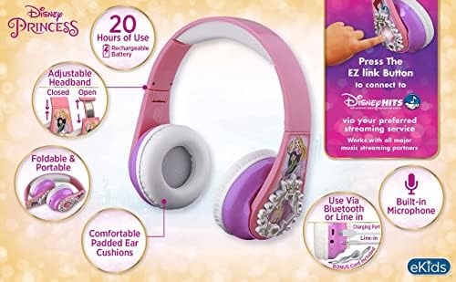 Enchanting Disney Princess Bluetooth Headphones for Kids – Wireless Adjustable Earphones with Built-In Mic and AUX for School, Travel, and Home – Safe Sound Experience for Young Listeners