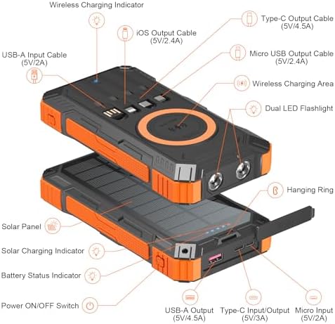 Ultra-Reliable 49,800 m Ah Solar Power Bank – High-Speed Wireless Charging with 4 Built-In Cables & 22.5 W QC3.0 Technology – IP65 Waterproof Emergency Battery for Outdoor Adventures – Charge 6 Devices Simultaneously, Compatible with Smartphones & Tablets