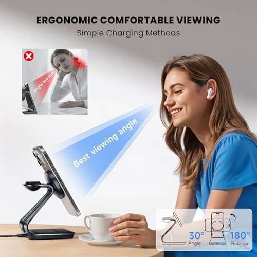 Ultimate 3-in-1 Wireless Charging Station for i Phone 16/15/14/13/12 – Mag Safe Certified Fast Charger for Apple Watch & Air Pods Pro with 18 W Adapter & Cable Included – Sleek Design with Enhanced Safety Features for Home & Office Use