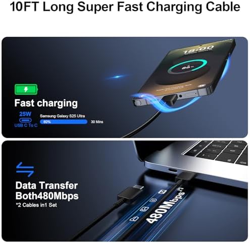 High-Speed 25 W Type C Wall Charger for Samsung Galaxy S25 Series – Includes Dual 10 FT USB-C Cables for Enhanced Flexibility and Safety – Lightning-Fast Charging with Compact Design for Travel Enthusiasts and Everyday Users
