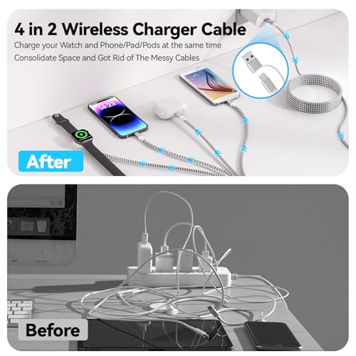 Ultimate 6 FT Multi-Device Charging Cable: Fast Nylon-Braided i Watch and Smartphone Charger Compatible with i Phone, i Pad, Galaxy, and More – Durable, Tangle-Free Solution for Ultra, SE, and All i Watch Models – Streamline Your Charging with Versatile 4-in-2 Connectivity