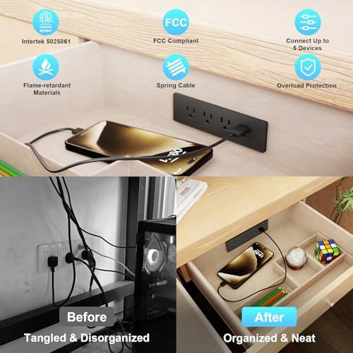 Recessed Drawer Power Strip Kit: Clutter-Free Charging Solution with PD 20 W Fast Charge, Dual USB Ports (Type A & C), and Dual 12 Amp AC Outlets – 7.2 FT Cord for Flexible Setup and Enhanced Workspace Efficiency