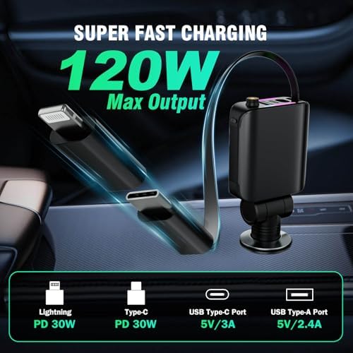 Transform Your Charging Routine with the 4-in-1 Retractable Car Charger Featuring Starlight Glow – 120 W USB-C Fast Charger Compatible with i Phone 16/15/14/13/12/11 and Android Devices, Tangle-Free Design for Effortless Use, Perfect Valentine’s Gift for Him or Her in Sleek Dark Grey