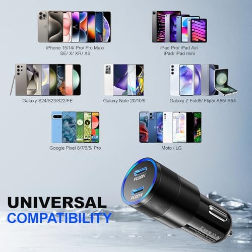 Dual USB Type C Car Charger 2 Pack – Fast Charging Cigarette Lighter Adapter for i Phone 16/15/14/13/12 & Samsung Galaxy S24/S23/S22 – Includes Two 6 FT Cables for Enhanced Travel Convenience and Universal Compatibility – Reliable Power On-the-Go