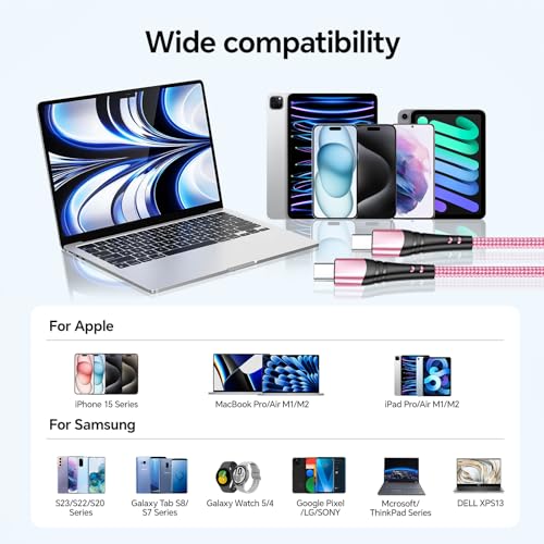 Dayaoncy 10 FT Pink USB C Charger Cable – Dual Pack of Fast Charging Cables with 100 W Power Delivery for i Phone 15/16 Pro Max, Android Devices, Tablets, and Laptops – Superior Durability and Stylish Design for Ultimate Convenience