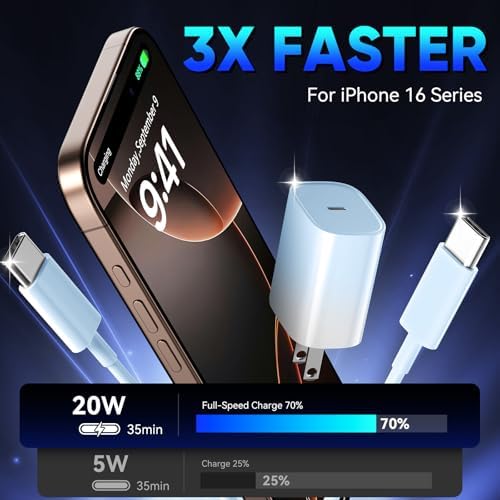Unlock Rapid Charging Efficiency with the 20 W USB-C Power Adapter and 10 ft Cable – Ideal for i Phone 16, 15 Pro, and Galaxy S24 for Ultimate Portability and Convenience