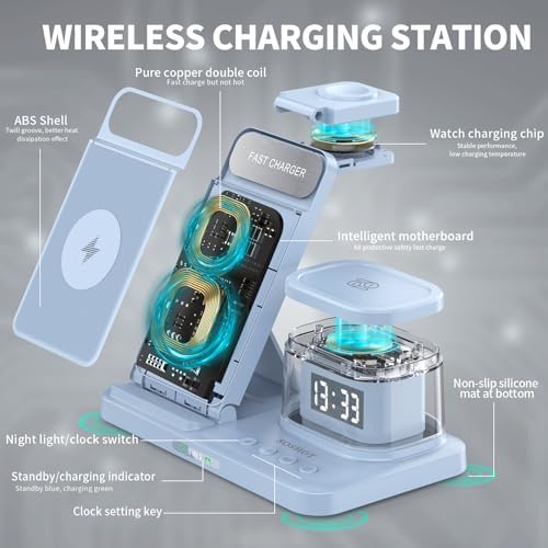 Elevate Your Charging Game: 5-in-1 Foldable Wireless Fast Charger with Integrated Night Light & Transparent Clock for Apple Devices – Ideal for i Phone 16/15/14/13/12/11 Pro Max, Apple Watch, and Air Pods – Sleek Green Design for Ultimate Portability and Style