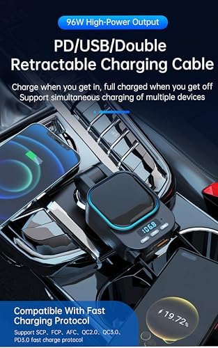 MQOUNY 4-in-1 Retractable Car Charger with Bluetooth 5.3 FM Transmitter – 96 W Fast Charging Solution for Multiple Devices, Ideal Hands-Free Calling & Music Streaming Accessory for Cars, Perfect Gift for Tech-Savvy Men and Women