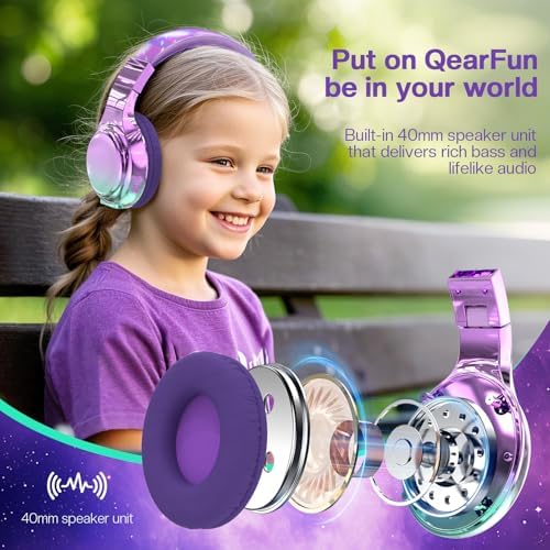 Qear Fun Kids Bluetooth 5.3 Headphones – Ultra-Lightweight Foldable Wireless Headset with Rapid Charging and Integrated Microphone for Seamless School and Travel Listening – Trendy Metallic Gradient Finish for Young Music Lovers – Perfectly Compatible with Tablets and i Pads – Superior Comfort and Sound Quality for Young Listeners