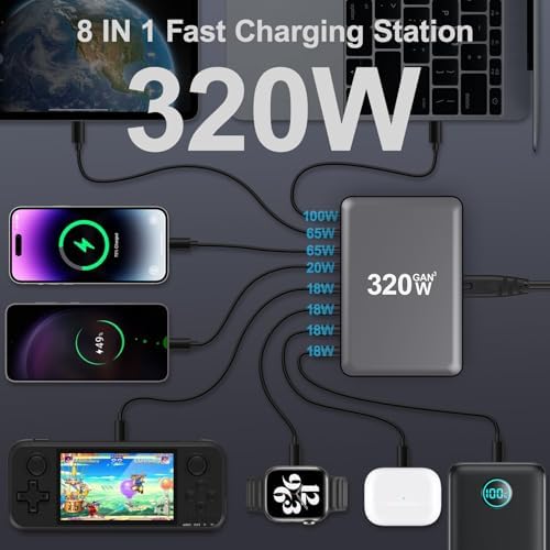 320 W Ga N 8-Port USB-C Charging Station – Ultra-Fast Multi-Device Power Hub for Laptops, i Phones, i Pads & Androids – Intelligent Power Management for Optimal Charging Efficiency – Travel-Friendly Compact Design for On-the-Go Users