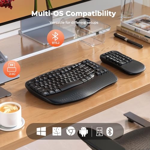 Wave Keys Ergonomic Wireless Split Keyboard with Soft Wrist Rest & Mini Numeric Keypad – Ultimate Comfort for Mac/Windows/Laptop Users, Perfect for Accounting and Daily Tasks, Seamless 2.4 G Bluetooth Connectivity, Reduce Strain & Enhance Productivity