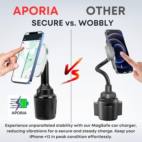 Aporia Mag Safe Car Cup Holder Charger – 15 W Fast Wireless Charging Mount with Adjustable Arm & 360° Rotation for i Phone 12+ | Ultimate Driving Accessory for Effortless Connectivity and Enhanced Convenience on the Road