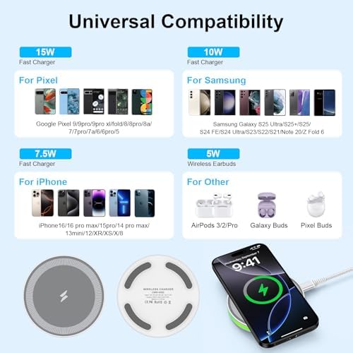 15 W Fast Wireless Charging Pad for Samsung Galaxy S25 Ultra, Pixel 9 Series, and i Phone 16 – Universal Charging Station with Enhanced Safety Features and Non-Slip Design for All Qi-Compatible Devices – High-Speed Charging, Case-Friendly, and Reliable Performance for Everyday Use