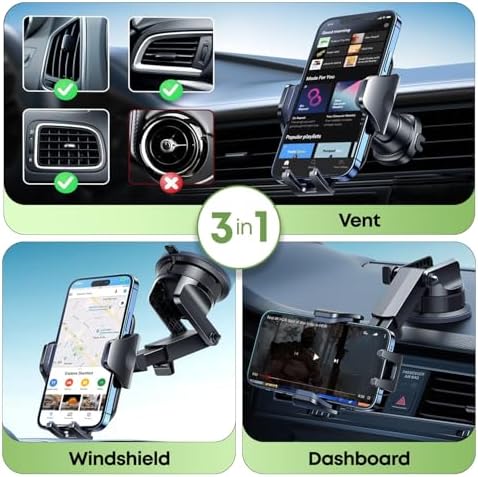 Universal 3-in-1 Car Phone Holder with Adjustable Suction Cup – Versatile Windshield, Dashboard & Air Vent Mount for i Phone 14, 15, 16 and Smartphones up to 6.8 Inches – Enhance Your Driving Safety and Accessibility