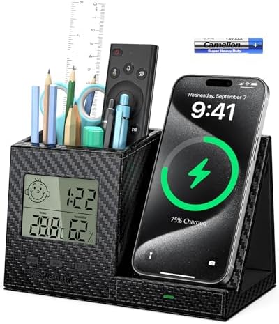 Multi-Functional Desk Organizer with Wireless Charging, Digital Thermometer & Humidity Monitor – Stylish Brown Pen Holder for Home Office Efficiency and Clutter-Free Workspace