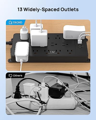 Maximize Your Power Potential with the TROND Heavy-Duty Surge Protector Power Strip: 13 Wide-Spaced Outlets, 32 W Quick Charge USB-C, 4000 Joules Protection, 5 ft Flat Plug Extension Cord, Wall Mountable Design for Seamless Integration in Home and Office Spaces – ETL Listed for Ultimate Safety and Reliability