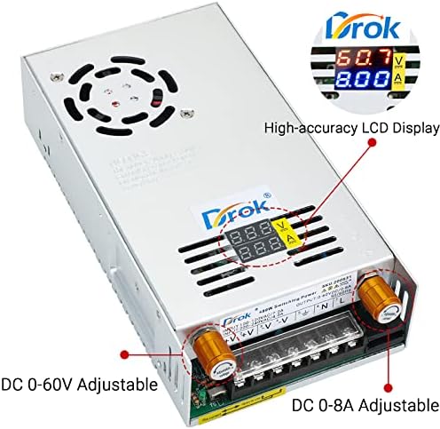 DROK 24 V Adjustable Power Supply – High-Efficiency AC to DC Converter for Reliable Power Delivery, 20 A 480 W Regulated Adapter Perfect for Computer Labs and Versatile Electronic Applications, Adjustable 5 V to 24 V Voltage Transformer for Enhanced Performance and Compatibility