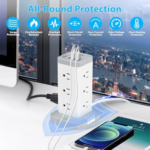 Maximize Workspace Efficiency with the BEVA Surge Protector Power Strip Tower – 12 AC Outlets & 4 Fast-Charging USB Ports, 6.5 FT Extension Cord for Optimal Device Organization and Safety in Office and Home Settings