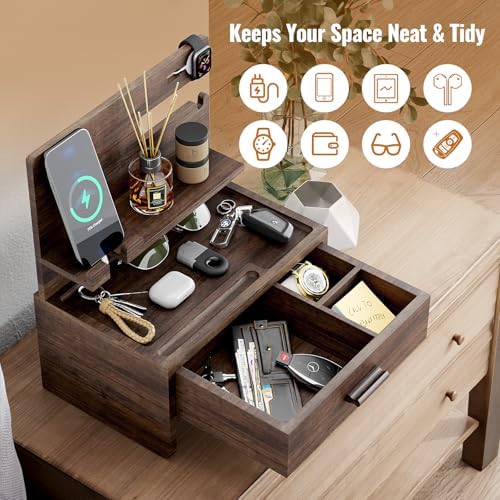 NiHome Wooden Nightstand Organizer for Men, Solid Wood Charging Dock for Smartphone, Smartwatch, Tablet, Wallet, Keys, Glasses, Accessories, Easy Assembly Stylish Design for Classic & Modern Interiors – Enhanced Compatibility and Speed