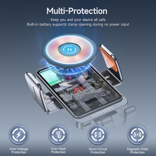 NOHON 15 W Qi Wireless Car Charger and Phone Holder with Auto Sensor Clamping – Rapid Charging Solution for i Phone 15, 14, 13, 12 Pro Max – Stylish Silver Design for Seamless Navigation and Road Safety Enhancement