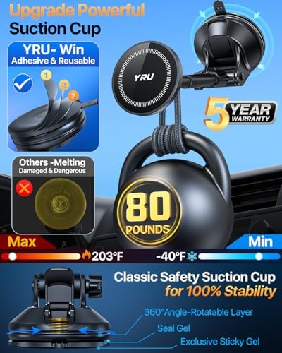 YRU 2025 Magnetic Phone Holder for Car – Superior Patented Magnet Technology for Seamless Dashboard or Windshield Mounting | Mag Safe Compatible | Sleek Black Design Perfect for i Phone 12-16 Pro Max & Samsung | Effortless Installation for Hands-Free Navigation & Calls | Built to Last for Everyday Use