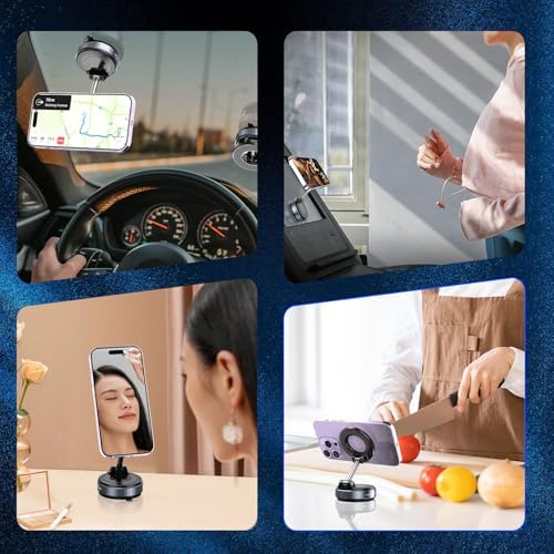 Magnetic Suction Phone Holder,Kitchen Cell Phone Holder,Car Suction Cup Vacuum Magnetic Phone Hholder,Multi-Scene Applicable Cell Phone Holder for iPhone (Black) – Enhanced Compatibility and Speed