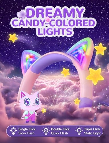 i Clever Kids Bluetooth Headphones with Illuminated Cat Ears – 60-Hour Battery Life, Rapid USB-C Charging, Adjustable Safe Volume Control (74/85 d B) for Toddlers – Ideal for i Pads, Tablets, and Travel in Fun Meow Cookies-Purple – Stylish, Safe, and Resilient for Young Audiophiles