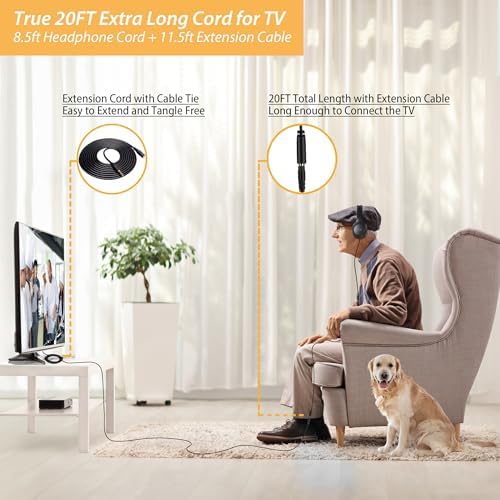 Maximize Your Audio Experience with 20 Ft Extended Wired Headphones – Perfect for TV & PC Use with Over-Ear Comfort, User-Friendly Integrated Volume Control, and Compatible with 3.5 mm Aux, USB & RCA – A Must-Have for Seniors and Audiophiles Seeking Unmatched Sound Quality and Freedom of Movement
