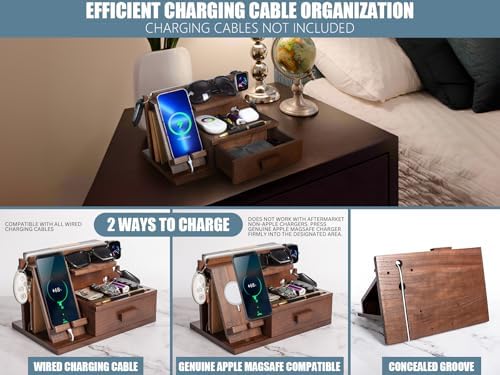 Black Wood Phone Docking Station with Drawer, Compatible with Apple Watch – Wood Charging Station Organizer Stand, Bedside Nightstand Organizer for Men, Holds, Tablet, Glasses, Keys, EDC – Enhanced Compatibility and Speed