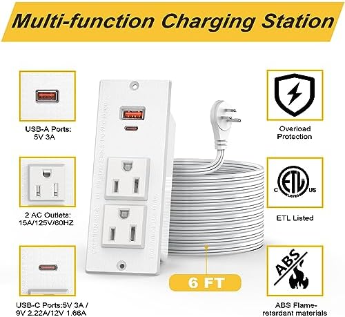 Recessed Power Grommet with Dual 20 W USB C Ports and 6 FT Extension Cord – Versatile Desk Power Socket with 2 AC Outlets for Seamless Integration into Cabinets, Drawers, or Nightstands – ETL Listed for Safety and Enhanced Charging Efficiency – Ideal for Organized Home Offices and Modern Living Spaces