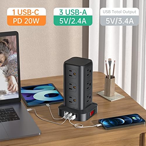 15 FT USB C Surge Protector Power Tower with 12 AC Outlets & 4 Rapid Charging USB Ports – Ultimate Overload Protection for Home and Travel Efficiency – Compact, Versatile Charging Solution for Modern Devices