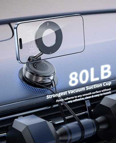 Suction Cup Phone Mount,Vacuum Magnetic Phone Holder for Car,360 Adjustable Vacuum Magnetic Phone Holder,Magnet Car Mount for All Smartphones & All Vehicle & Gym/Bathroom Mirror – Enhanced Compatibility and Speed