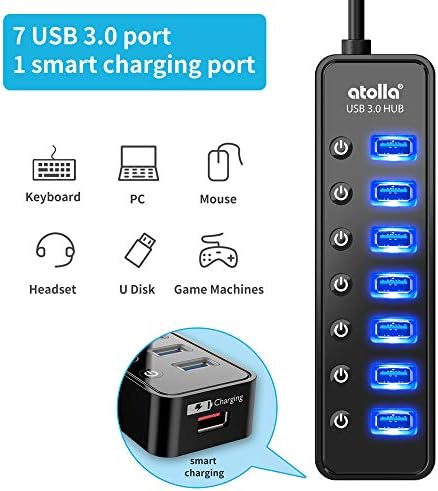 Atolla 7-Port USB Hub 3.0 with Individual Power Control, Smart Charging Port, and High-Speed Data Transfer – Essential USB Splitter for Mac Book, Mac Pro, and Multi-Device Connectivity Solutions