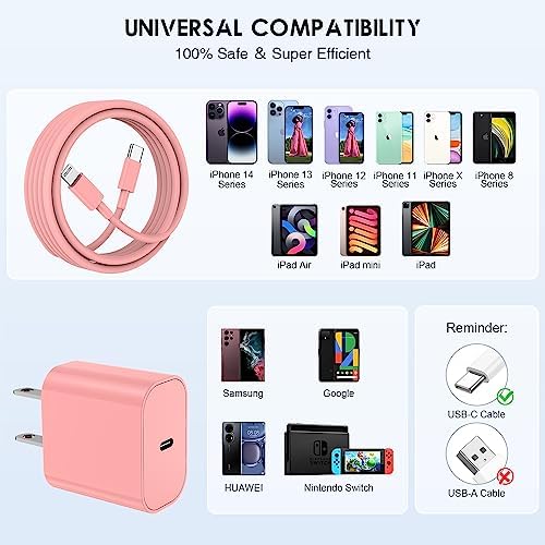 Ultra-Fast 20 W i Phone Charger with 10 ft USB C to Lightning Cable – Stylish Pink Fast Charging Block for i Phone 14 Pro Max, 13, 12, 11, XS, SE, i Pads & Air Pods – Unmatched Compatibility & Durability for On-the-Go Power