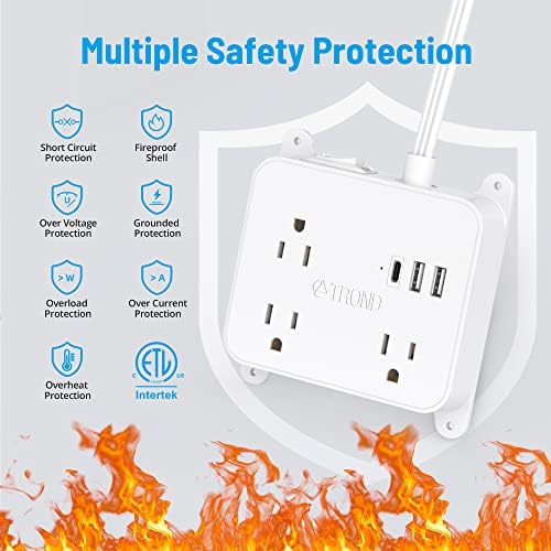 TROND Ultra Thin Flat Extension Cord with 3 USB Ports and 3 AC Outlets – Sleek Wall-Mount Power Strip for Smart Charging in Small Spaces – Perfect for Home, Dorms, and Workstations – Compact Surge Protector for Modern Electronics