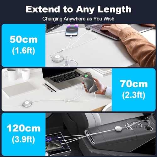Ultra-Fast 100 W Retractable Multi-Device Charging Cable – 6-in-1 Compact Travel Charger for i Phone 15, i Pad Pro 2024, and More – Versatile USB C, Lightning & Micro USB Ports with 4 FT Flexibility – Sleek Black Design for Tangle-Free Convenience and Enhanced Compatibility